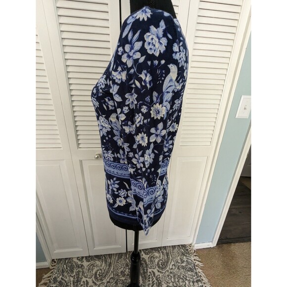 Talbots Sweater Women's sz P (XS) Petite India Ink Blue Bird Floral Toile Scoop - Picture 8 of 13